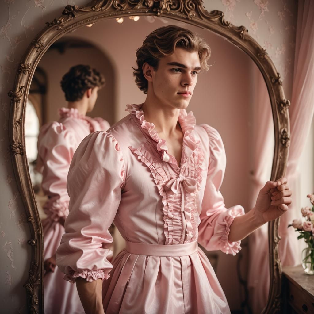 Muscular Boy Crossdressing in Pink Dress: Fashion Photograph...