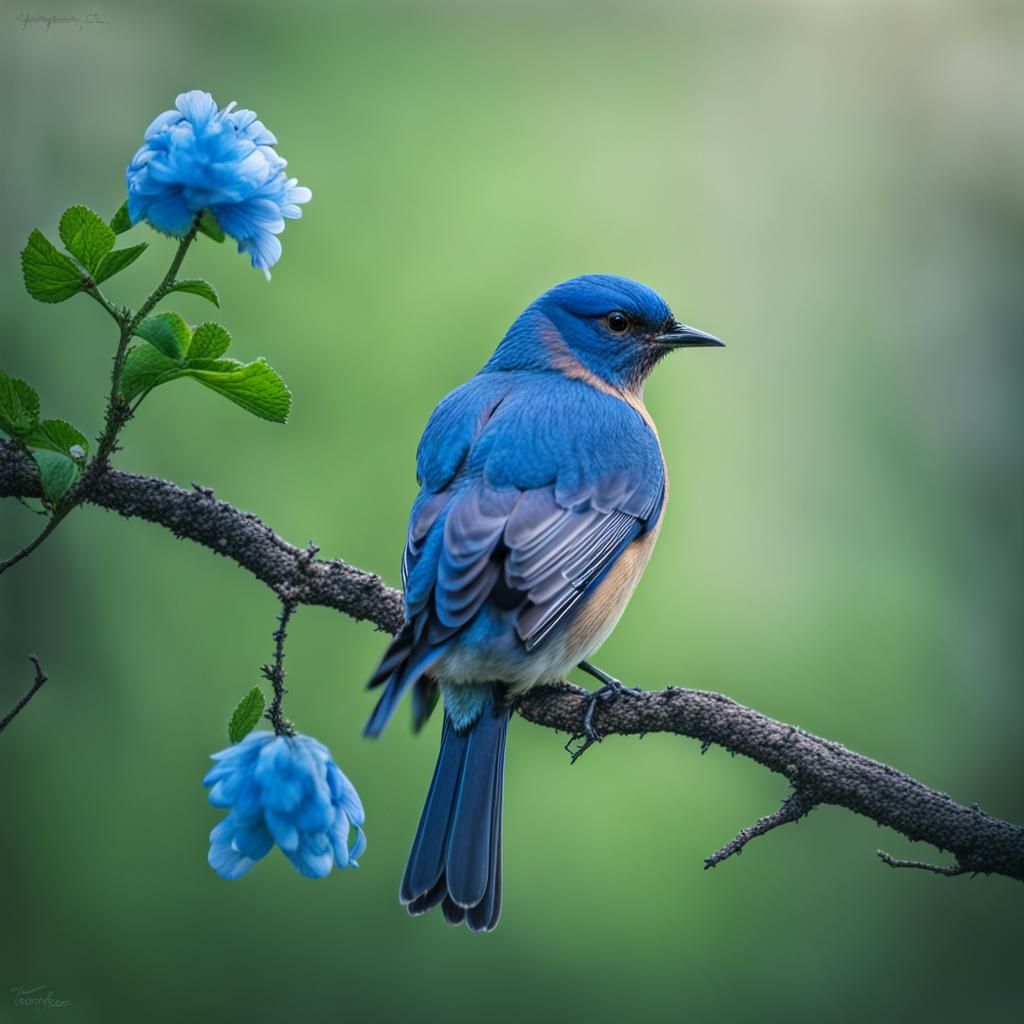Hyperrealistic Blue Bird on Branch with Blue Flower