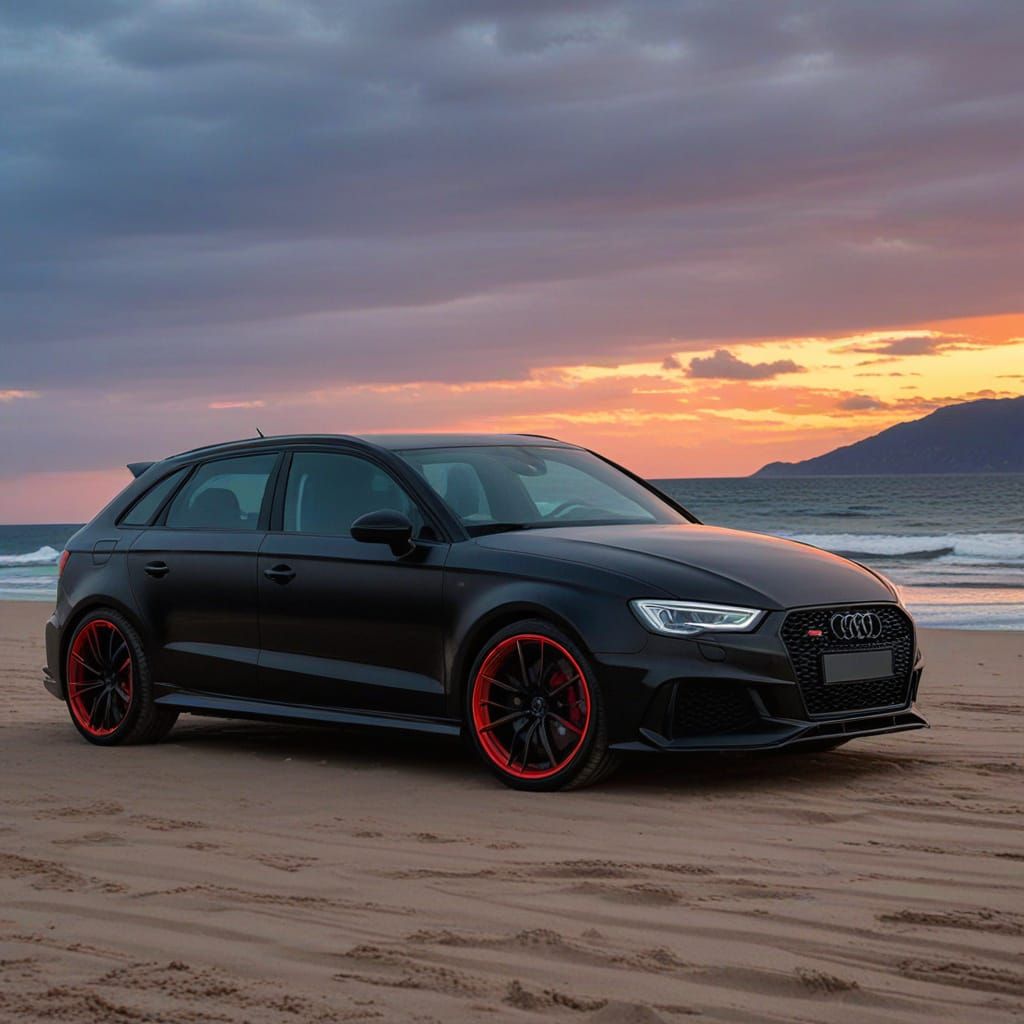Audi RS3 Speeds Across Neon Beach at Sunset