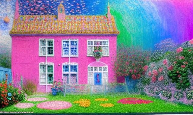 Rainbow House: Vivid Impasto Oil and Pastel Drawing