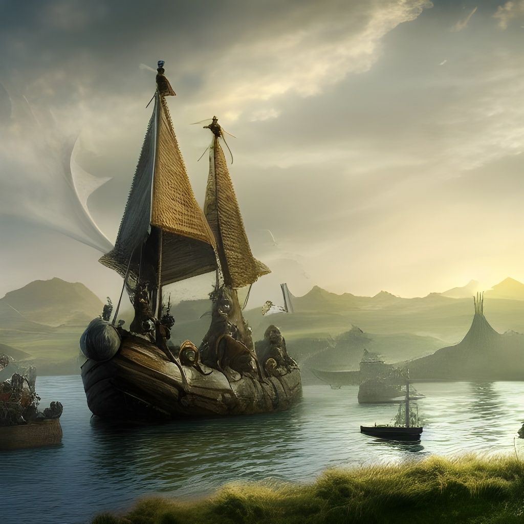 Viking Ship Harbor Battle: Hyperdetailed Art Nouveau Scene