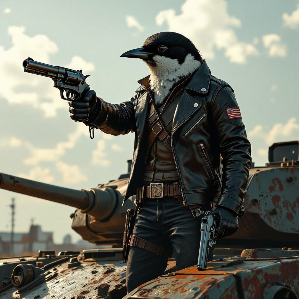Bird with Revolver on Tank in Retro-Futuristic Style