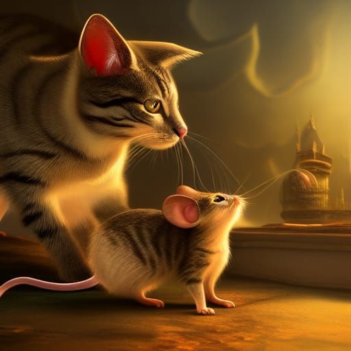 Cat Befriends Mouse in Detailed Fantasy Painting