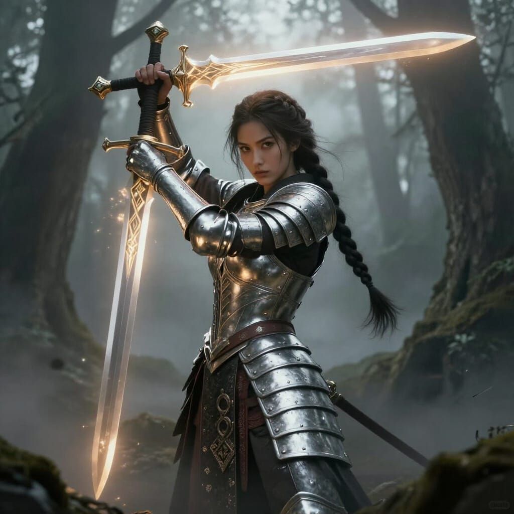 Warrior Princess with Enchanted Sword in Misty Forest