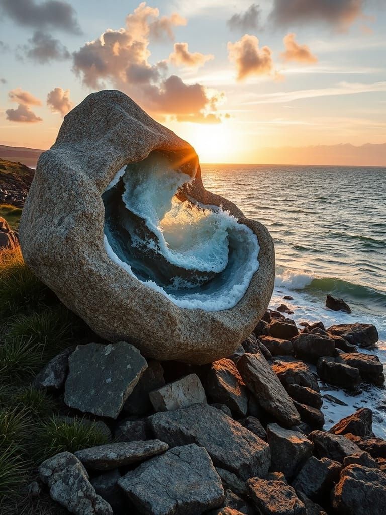 Morphostasis Multiply Embodied Barely-Contained Storm in a Stone Lace Pebble 3D Collage Sculpture Under Knitted Living C...