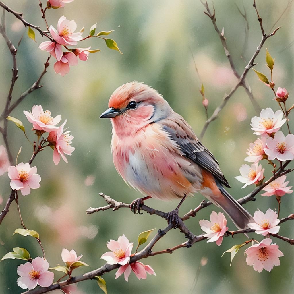 Pink Bird Portrait in Impressionist Watercolor Style