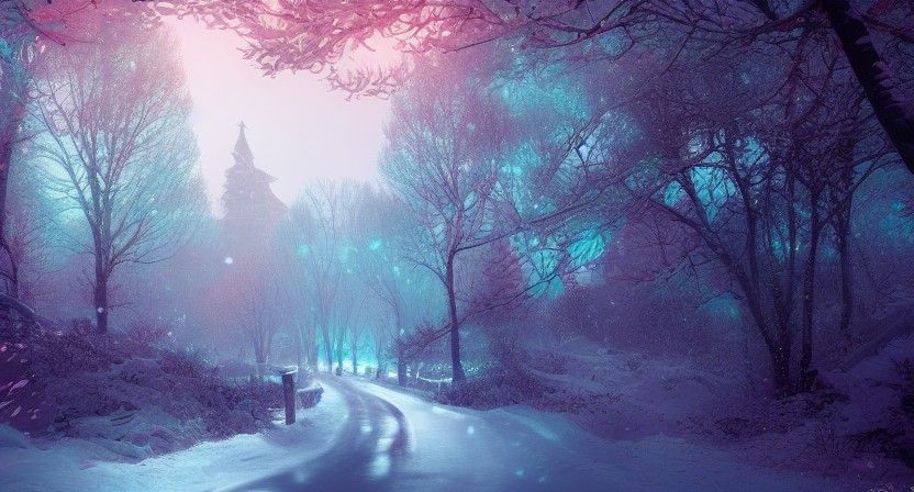 Fairytale Winter Valley Crossroads in Vibrant Digital Art