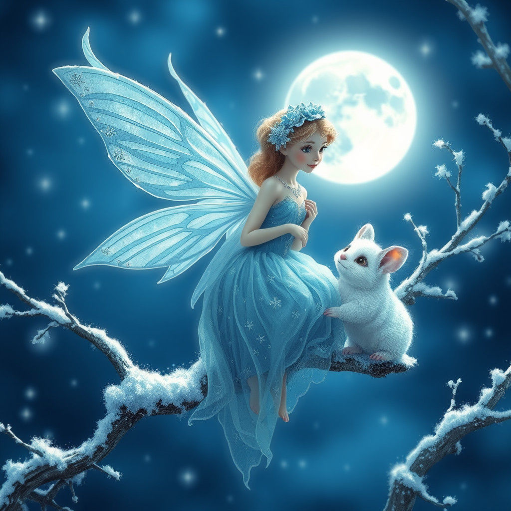 Enchanting Fairy on Snowy Branch in Moonlit Fantasy