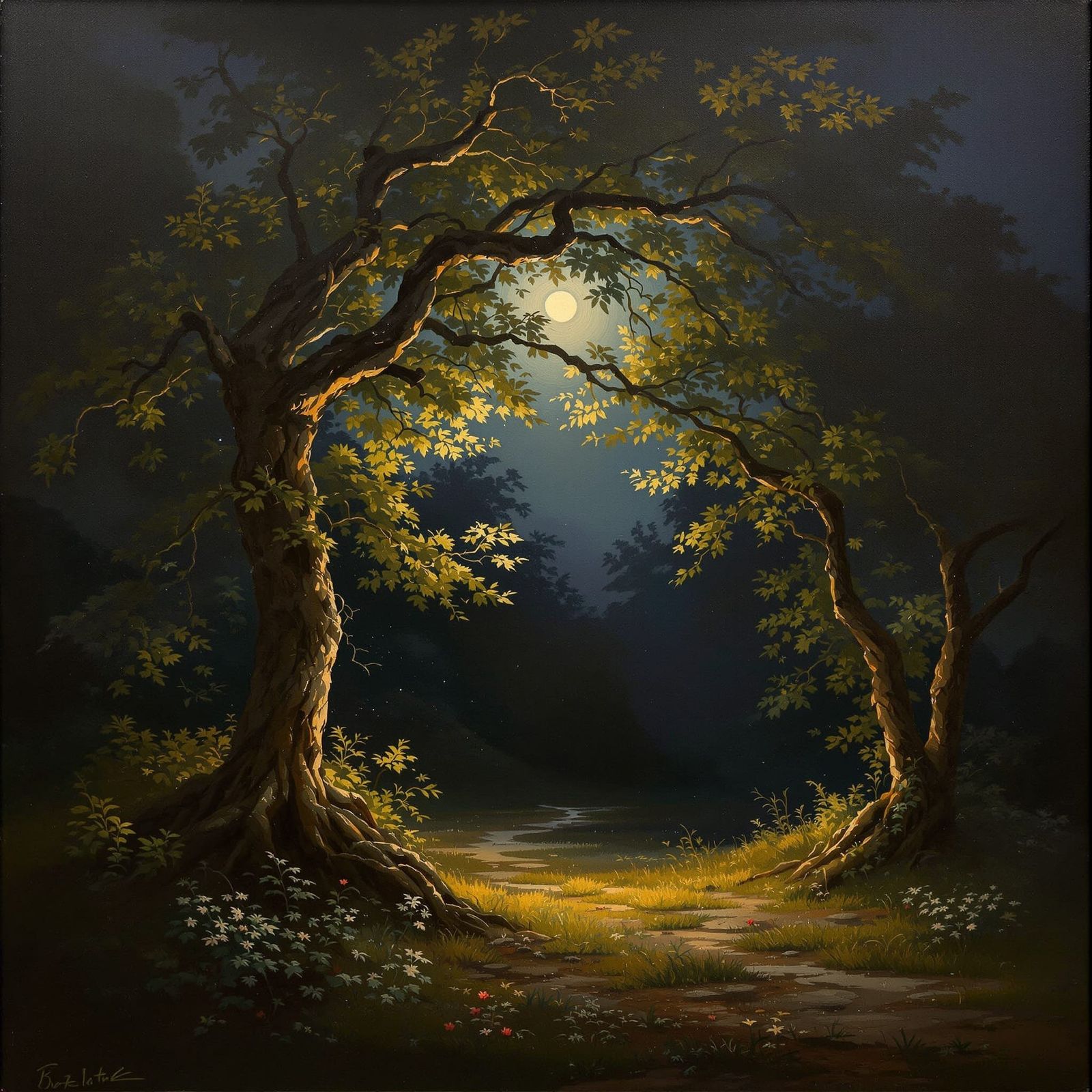 Moonlit Rendezvous: A Romantic 19th Century Oil Painting