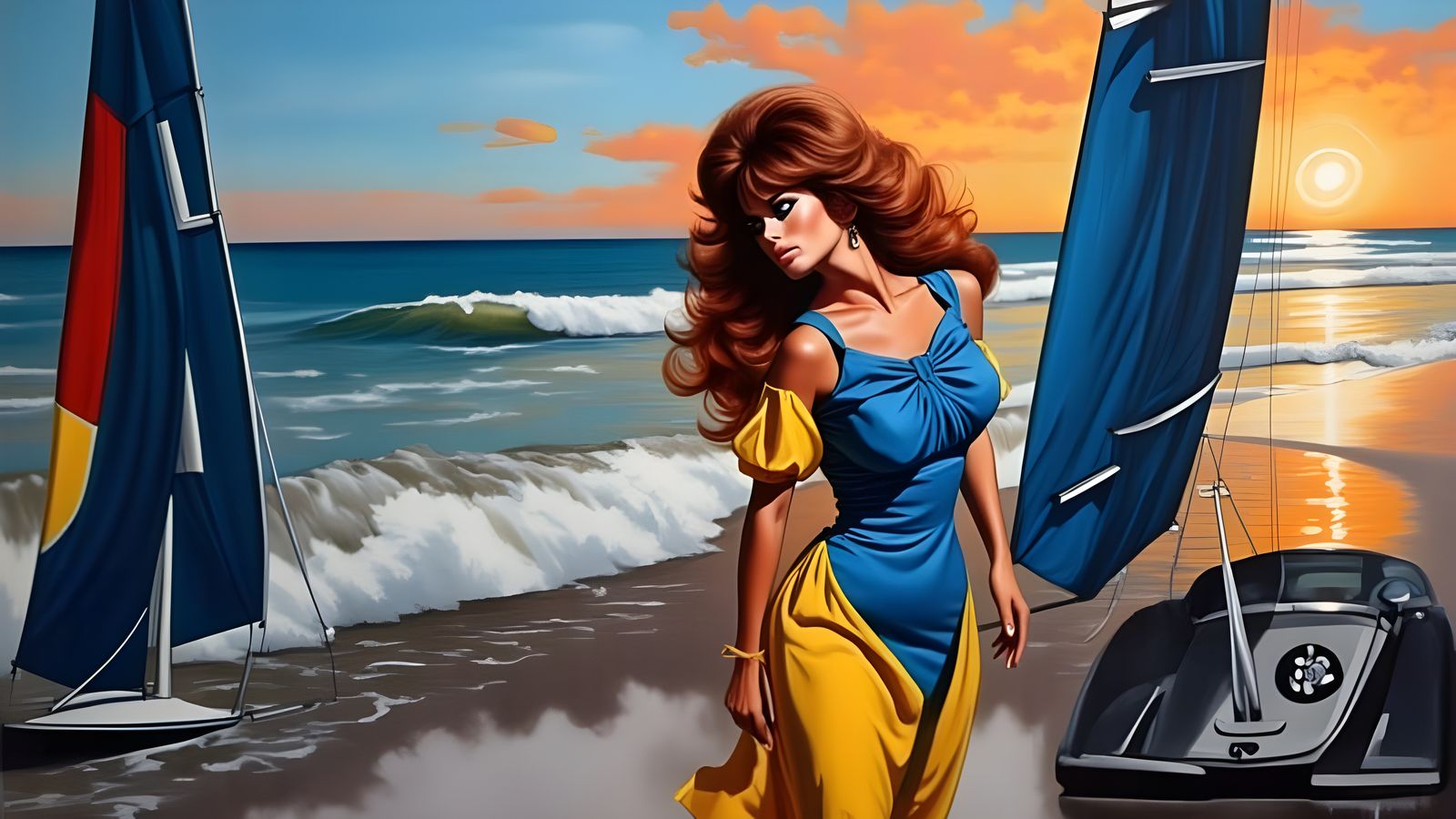 Raquel Welch on Beach: Abstract Impasto Oil Painting