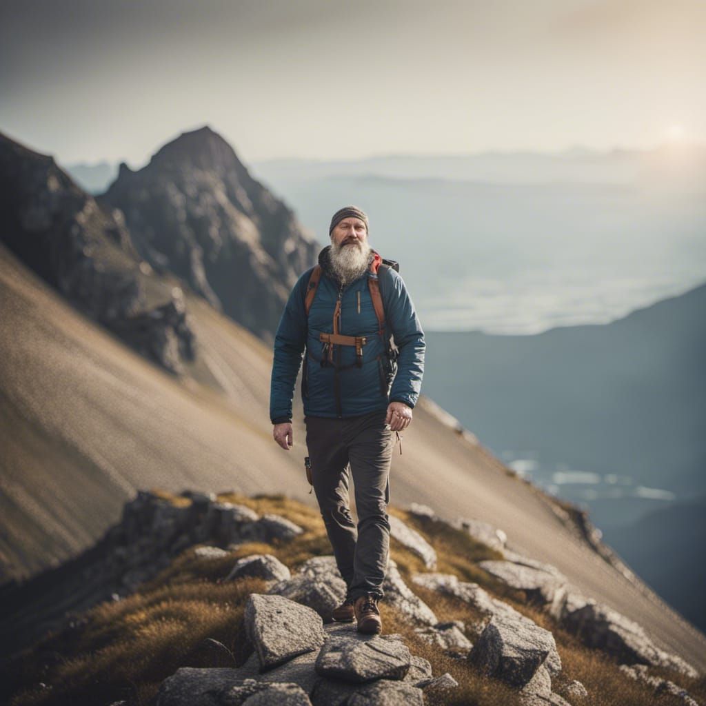 Bearded Man Hiking on Mountain Trail