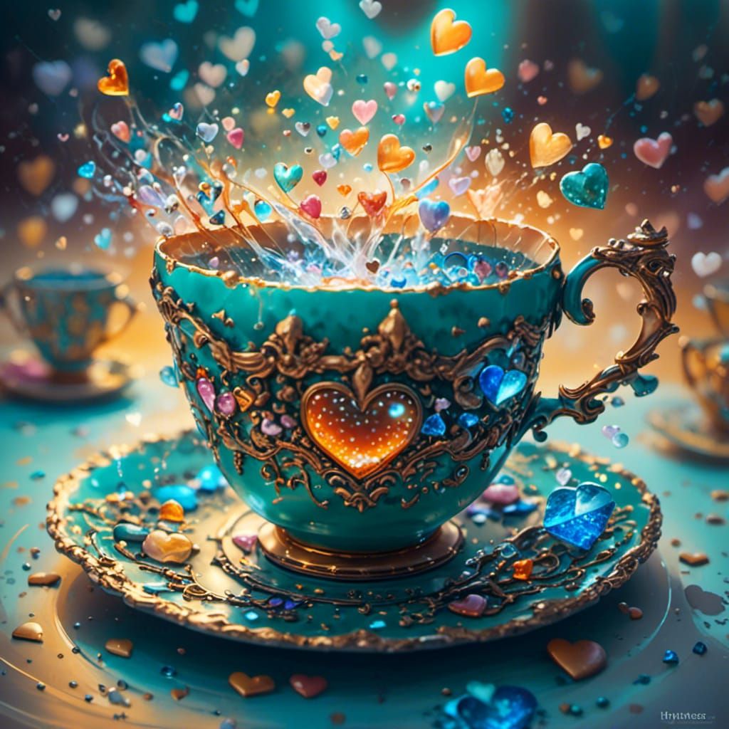 Ornate Turquoise Teacup with Hearts in Hyperrealistic Style