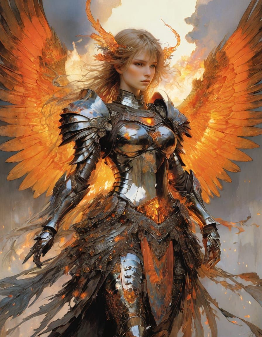 Armoured Angel With Fiery Orange Wings