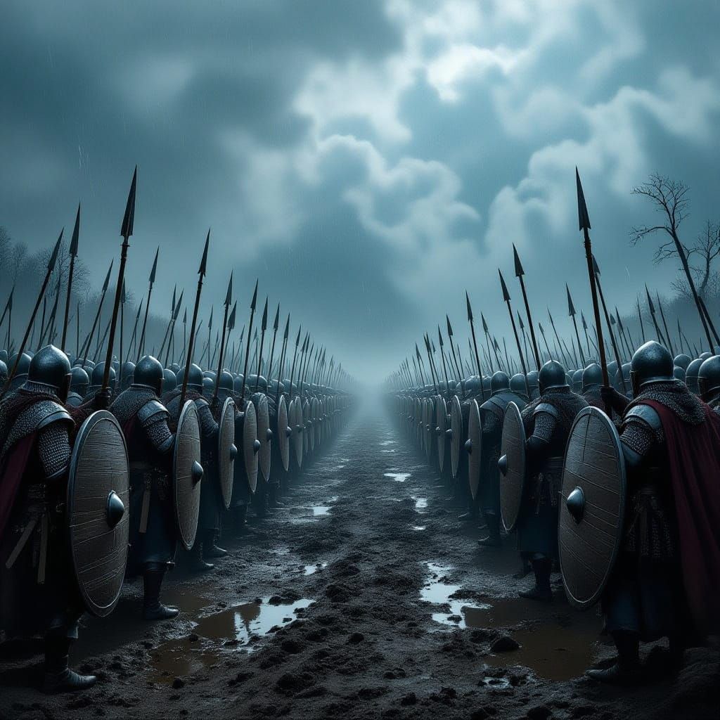 Medieval Battlefield Under Stormy Sky: Two Armies Face Off