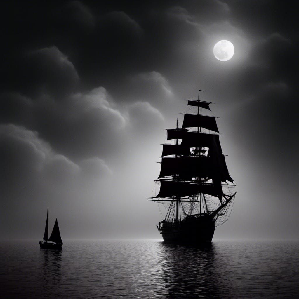Monochrome Sailing Ship in Dark Night