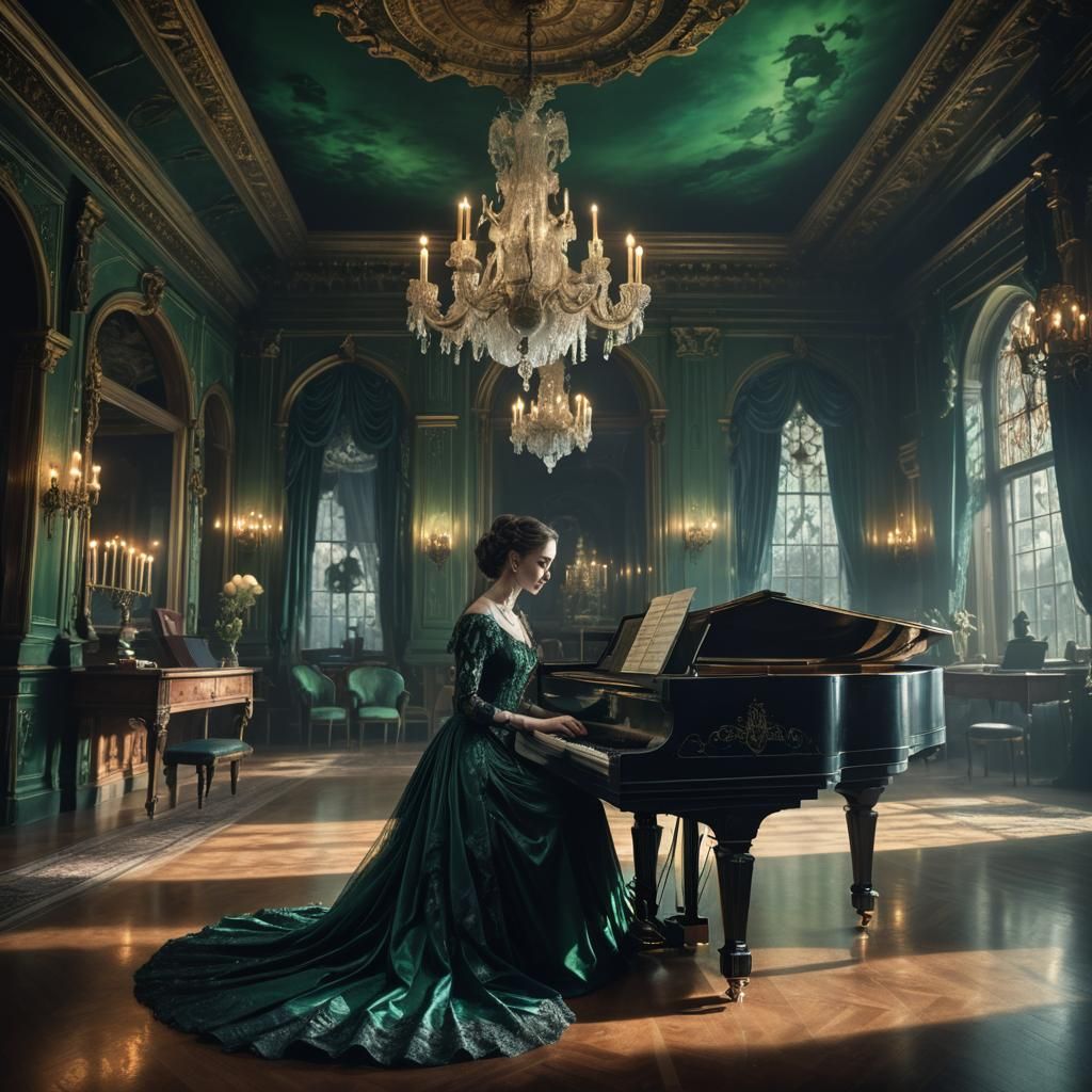 Victorian Gothic Woman Plays Piano in Haunted Ballroom