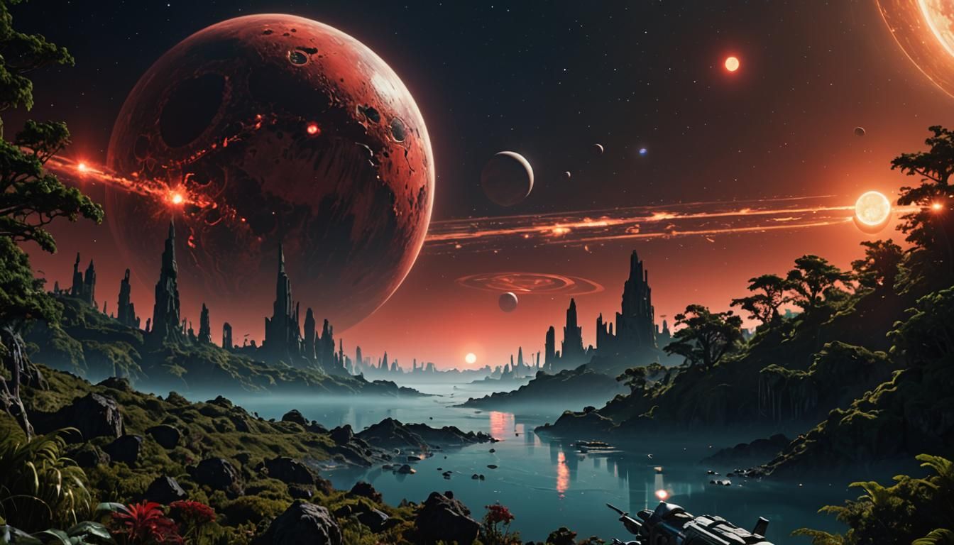 Vibrant Alien Moon Orbiting Gas Giant in Deep Space