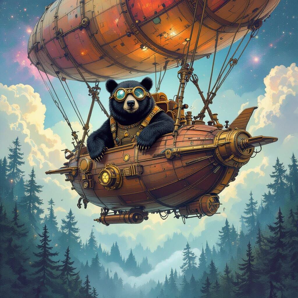 Steampunk Bear Captain Navigates Nebula Airship