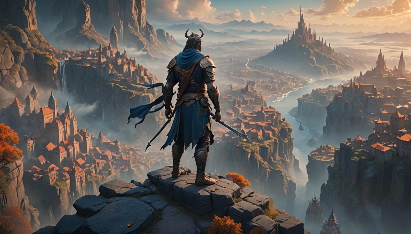 Mystical Warrior Overlooking Fantasy City in Art Deco Style