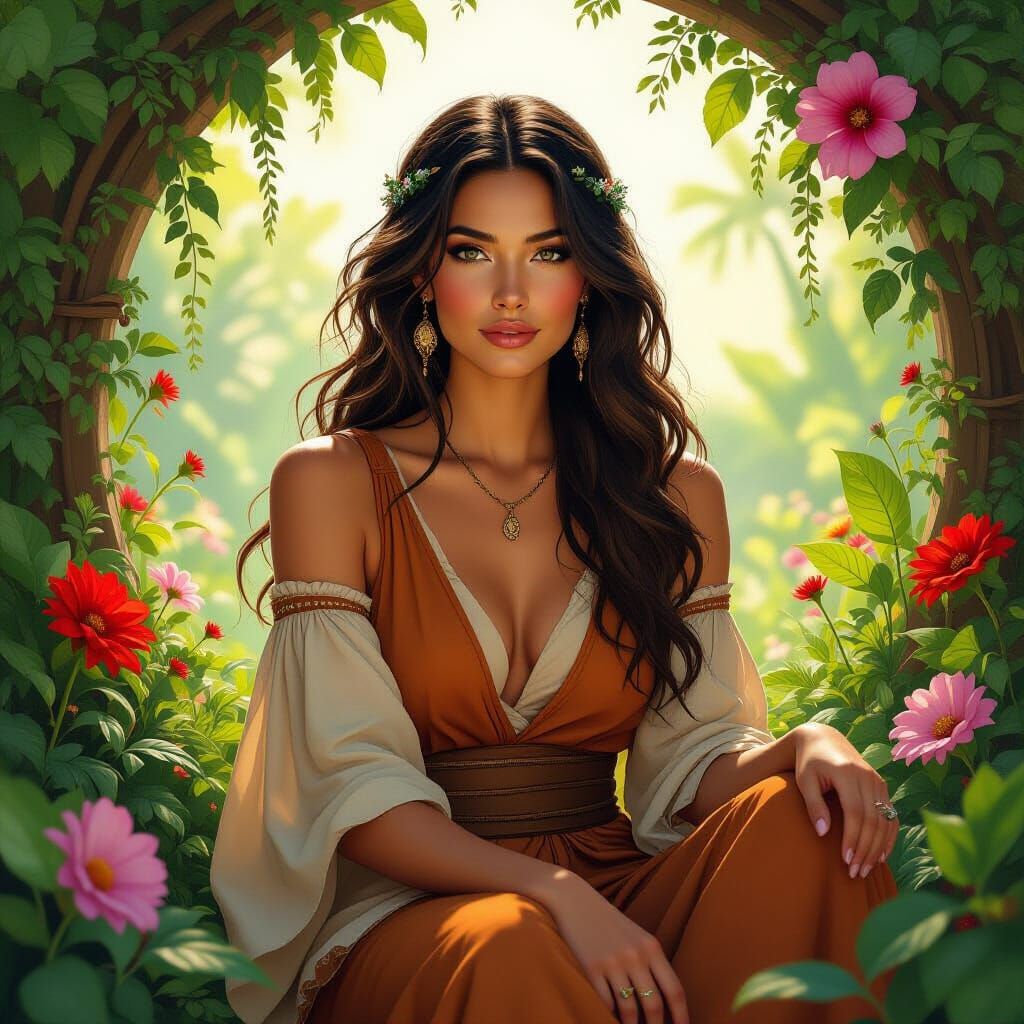 Gaia, Earth Goddess in Lush Botanical Setting