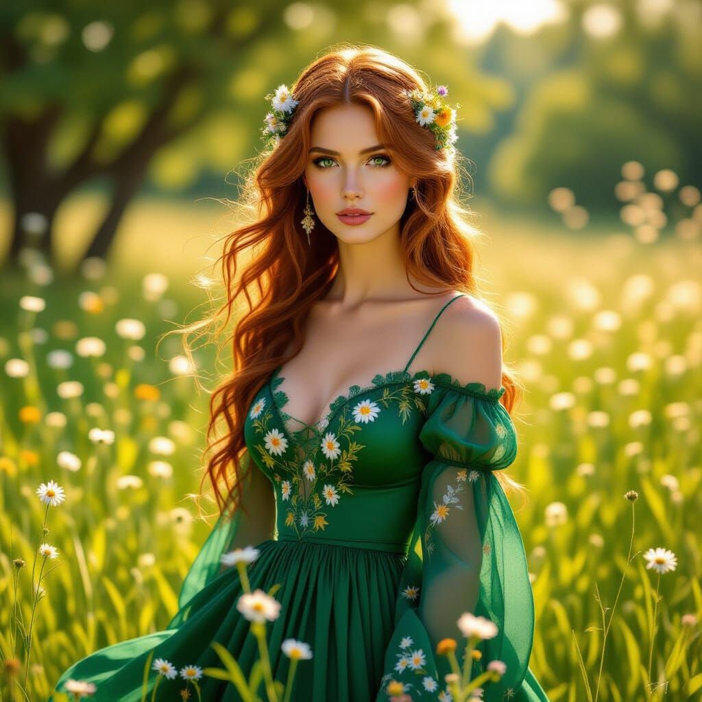 Woman in Sun-Drenched Meadow: Pre-Raphaelite Style