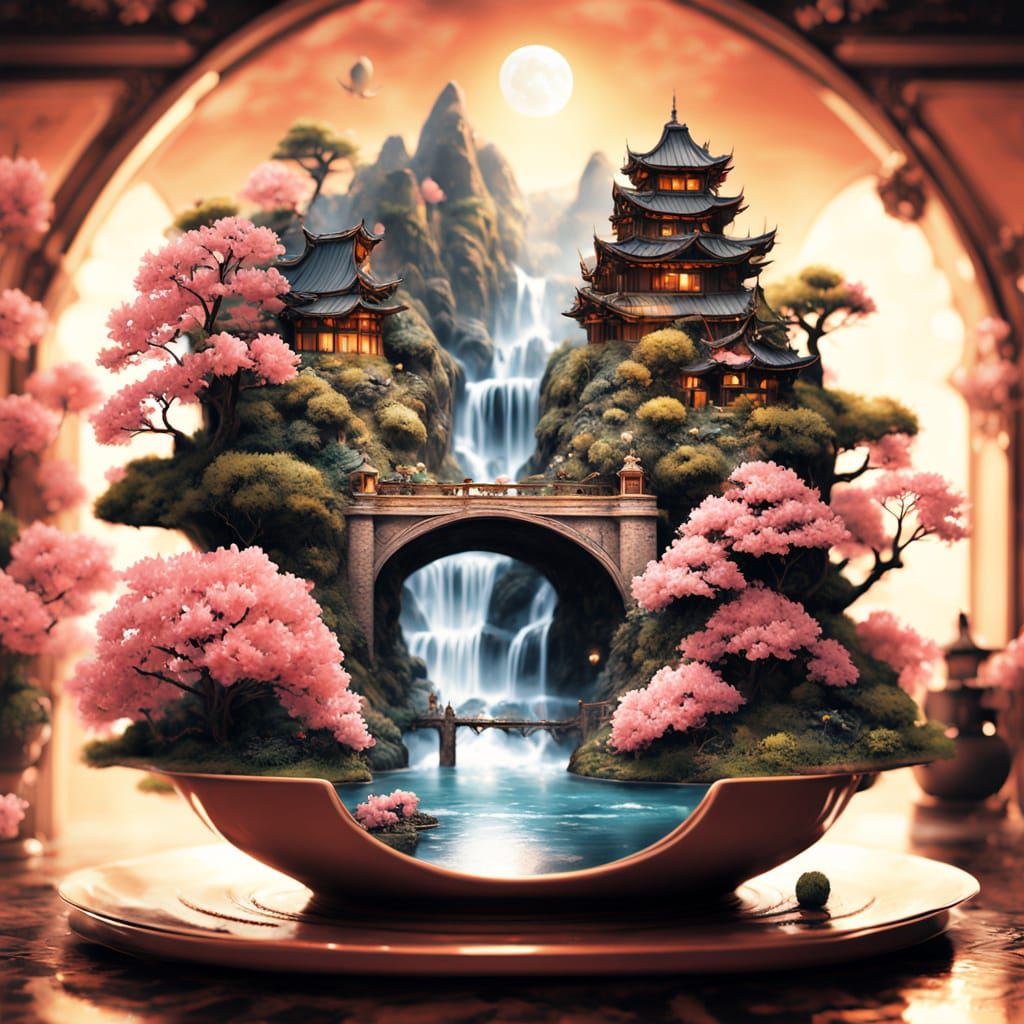 Waterfall Sakura Garden Inside Tea Mug: 3D Miniature