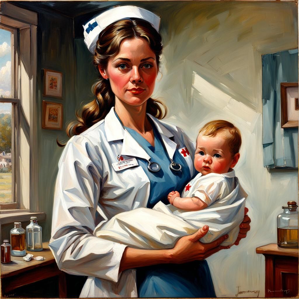 Nurse and Baby in Oil Painting Style