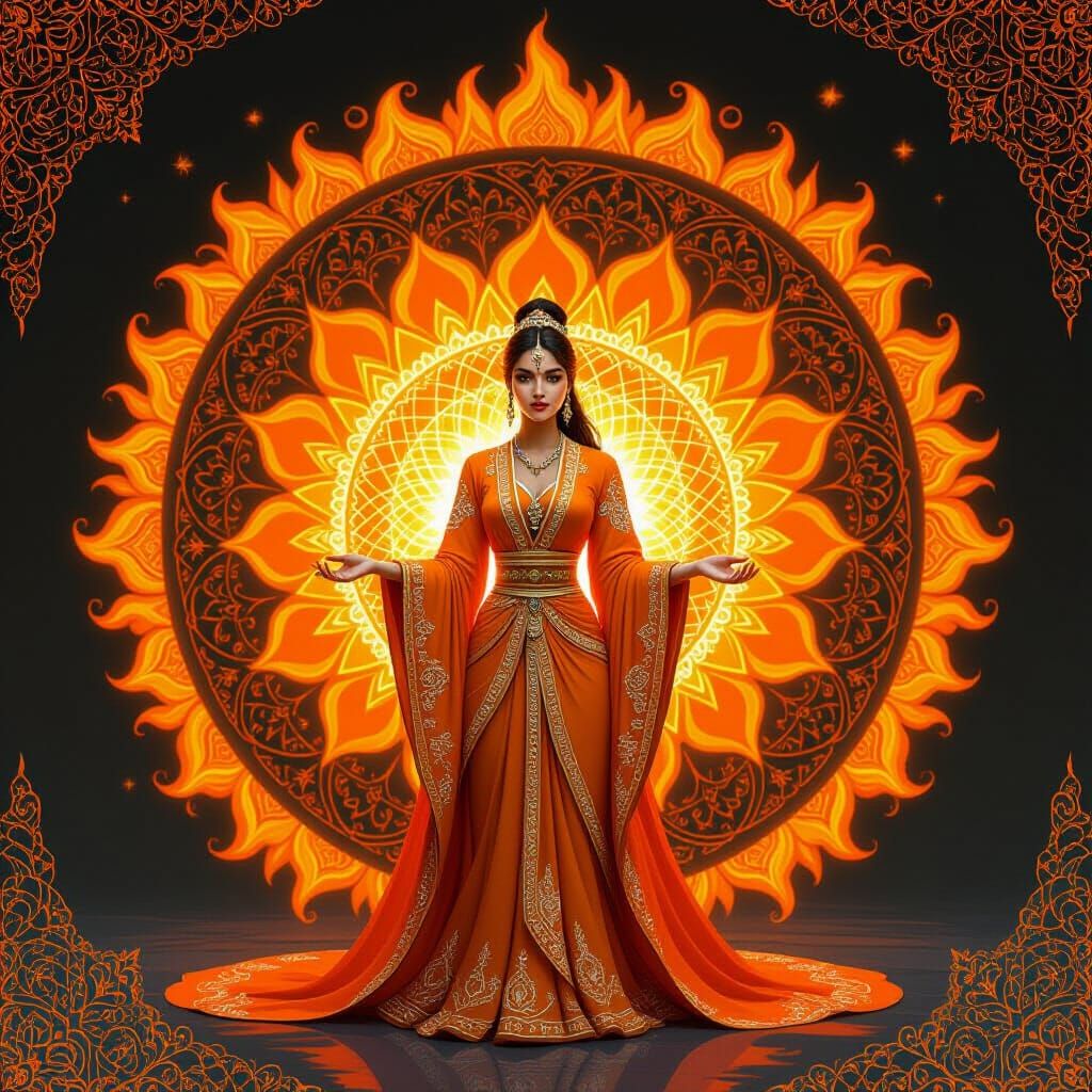 Fiery Mandala Woman: Sacred Geometry and Botanical Art