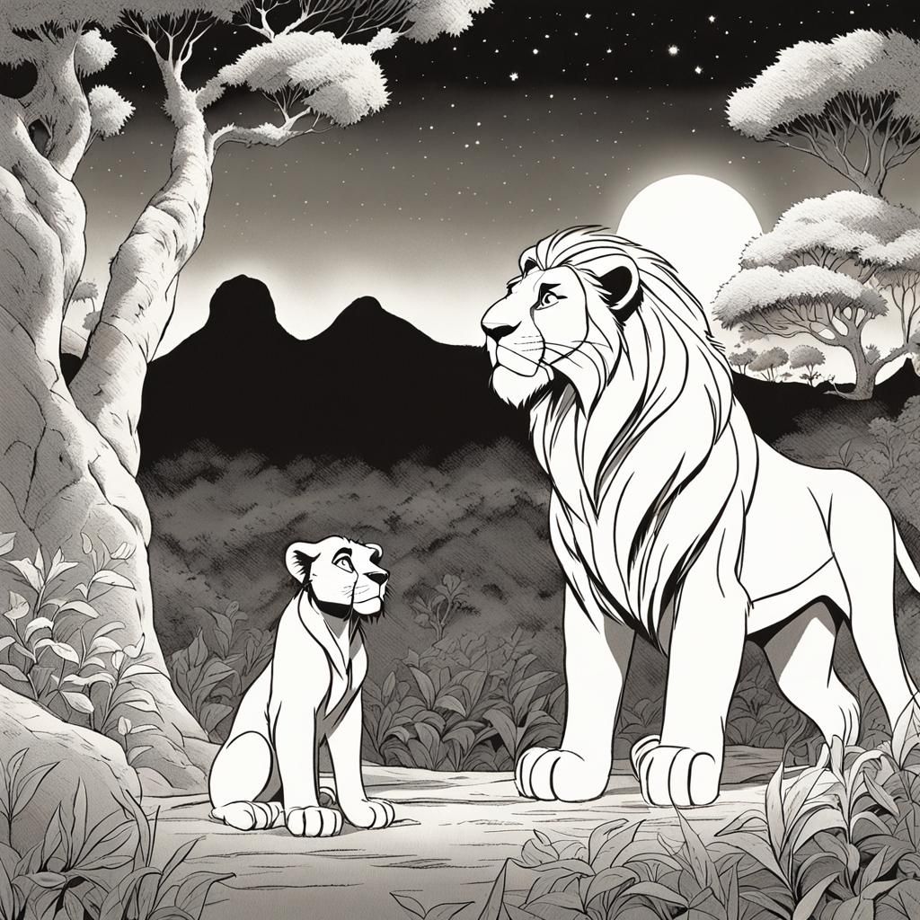 Mufasa Teaches Simba Under the Stars: Anime Cel-Shaded
