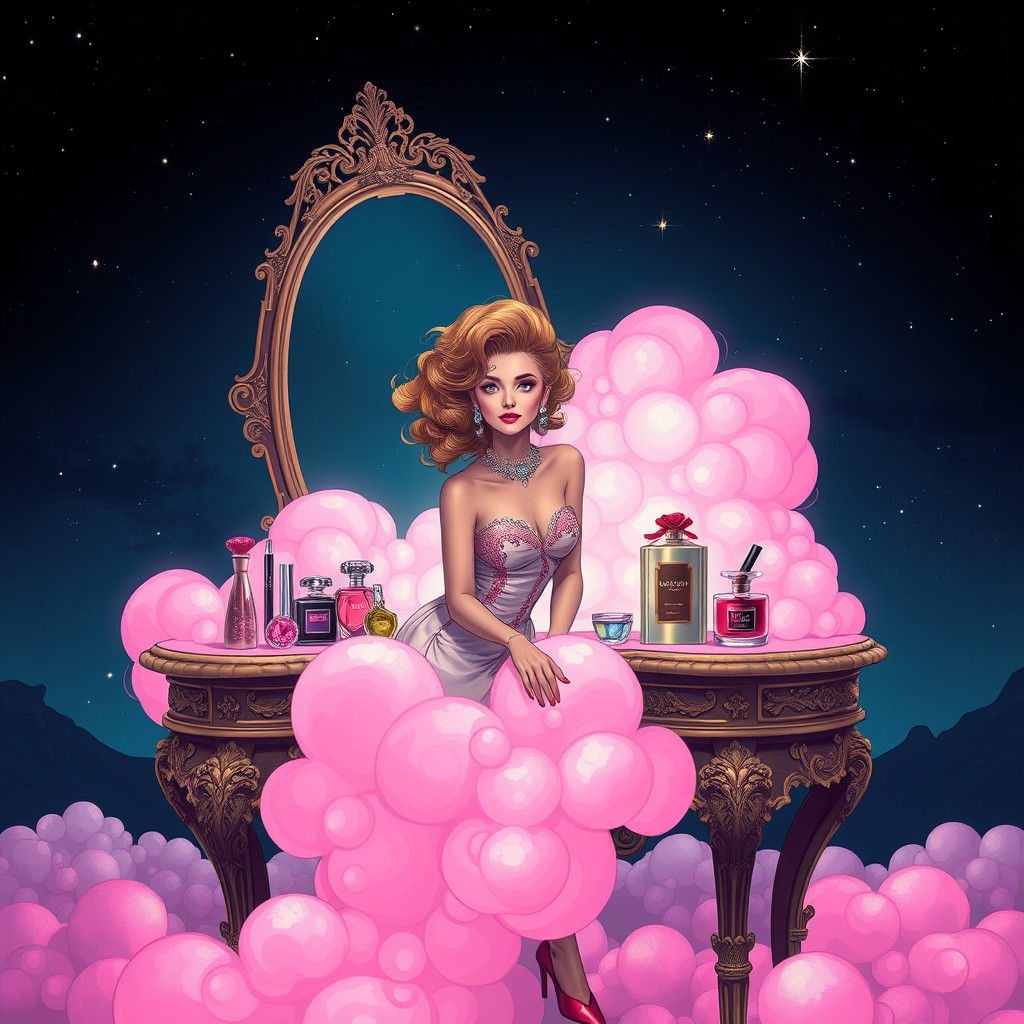 Woman at Vanity on Pink Cloud in Dreamlike Style