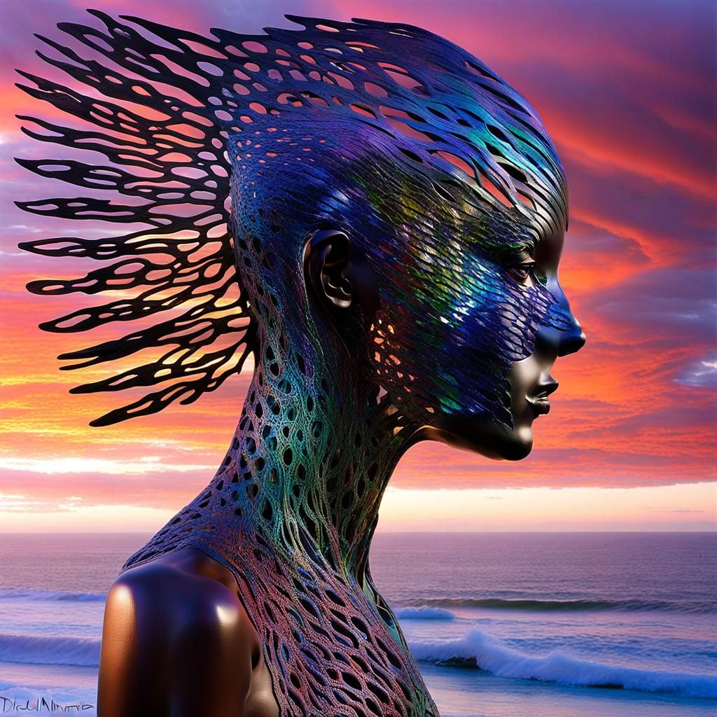 Iridescent Wood Lace Sculptures on Cliff at Sunset