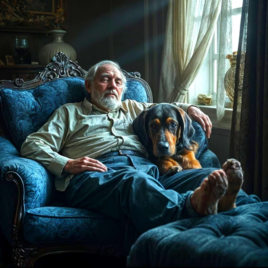 Sleepy Old Man and Basset Hound on Antique Chaise Lounge