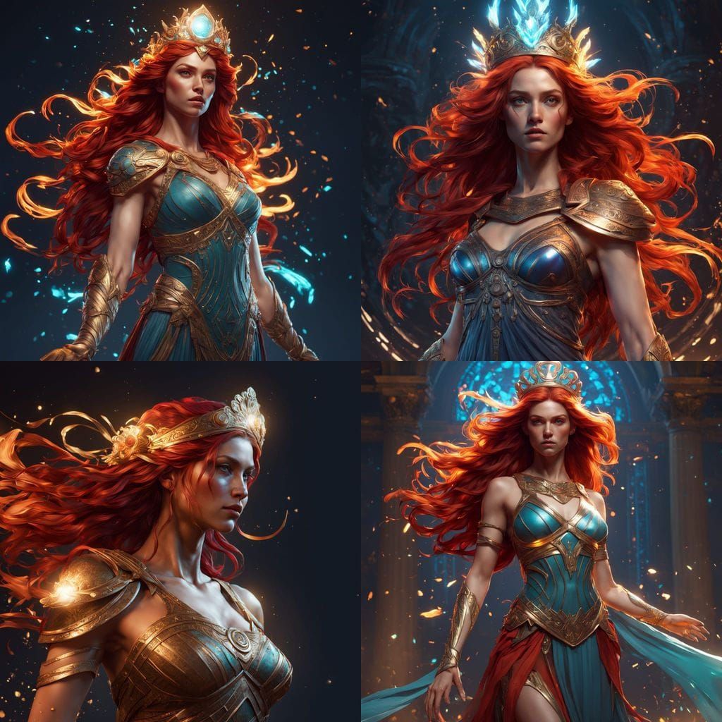 Goddess in Ancient Greek Style with Red Hair and Stern Expre...