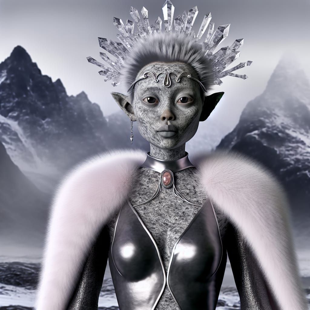A Grey Granite Statue of Mystical Woman in Dark Fantasy Land...