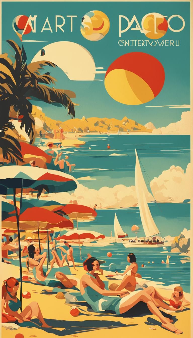 Art Deco Beach Scene in Retro Futurism Style