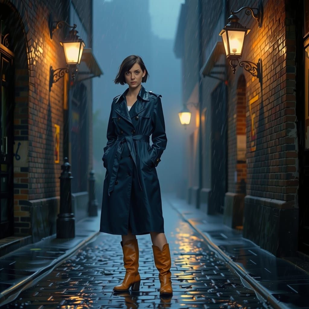 Cinematic Photo of Woman in Blue Trench Coat in Rainy Alley