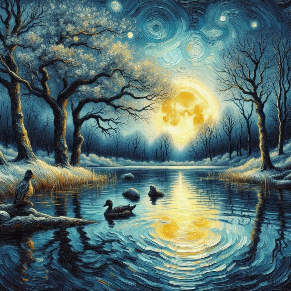 Moonlit Pond: Impasto Oil Painting in Autumn