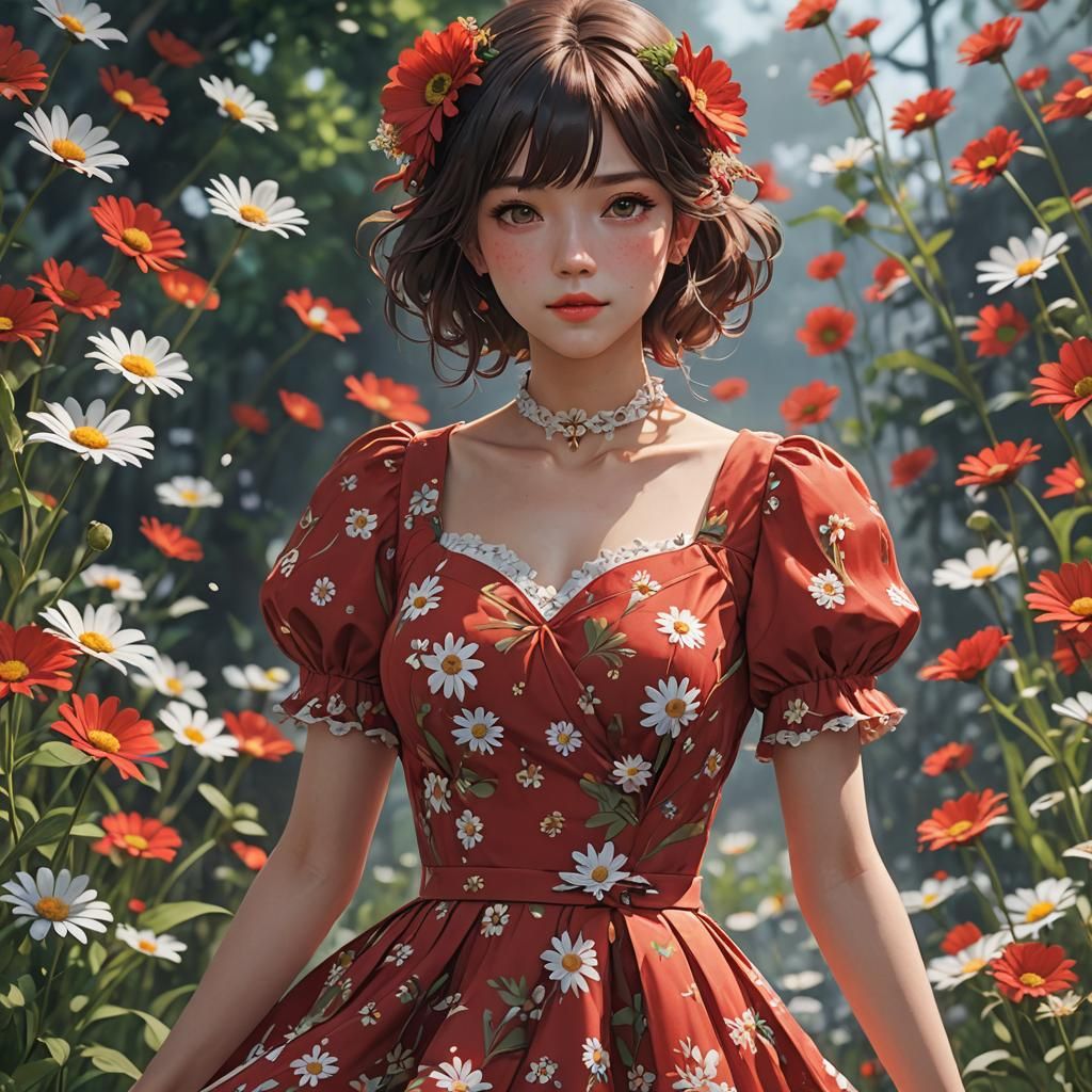 Woman in Red Daisy Dress: 3D Anime Art