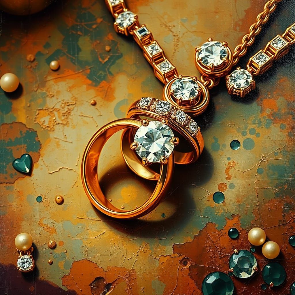 Precious Gold Rings and Diamond Necklace in Oil