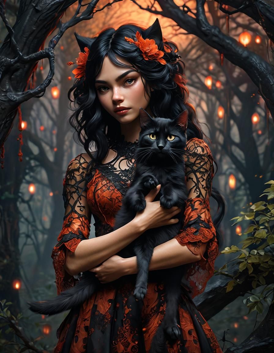 Demon Cat Girl in Enchanted Forest, Gothic Fantasy Art