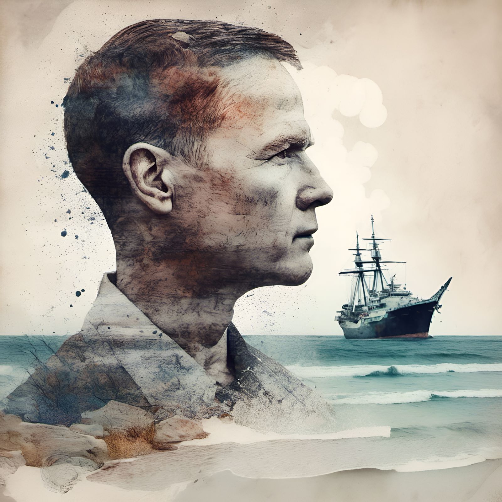 Surreal Beach Head Ship Double Exposure in Watercolour