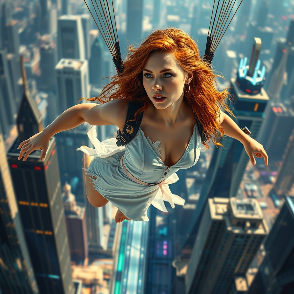 Ginger Woman Wingsuit Glides Through Futuristic City