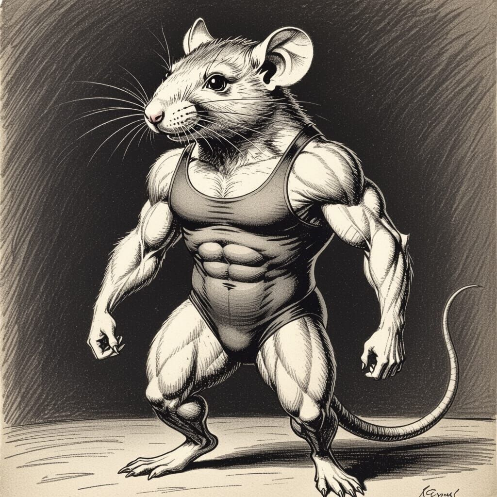 Anthropomorphic Rat Strongman in Monochrome Etching Style