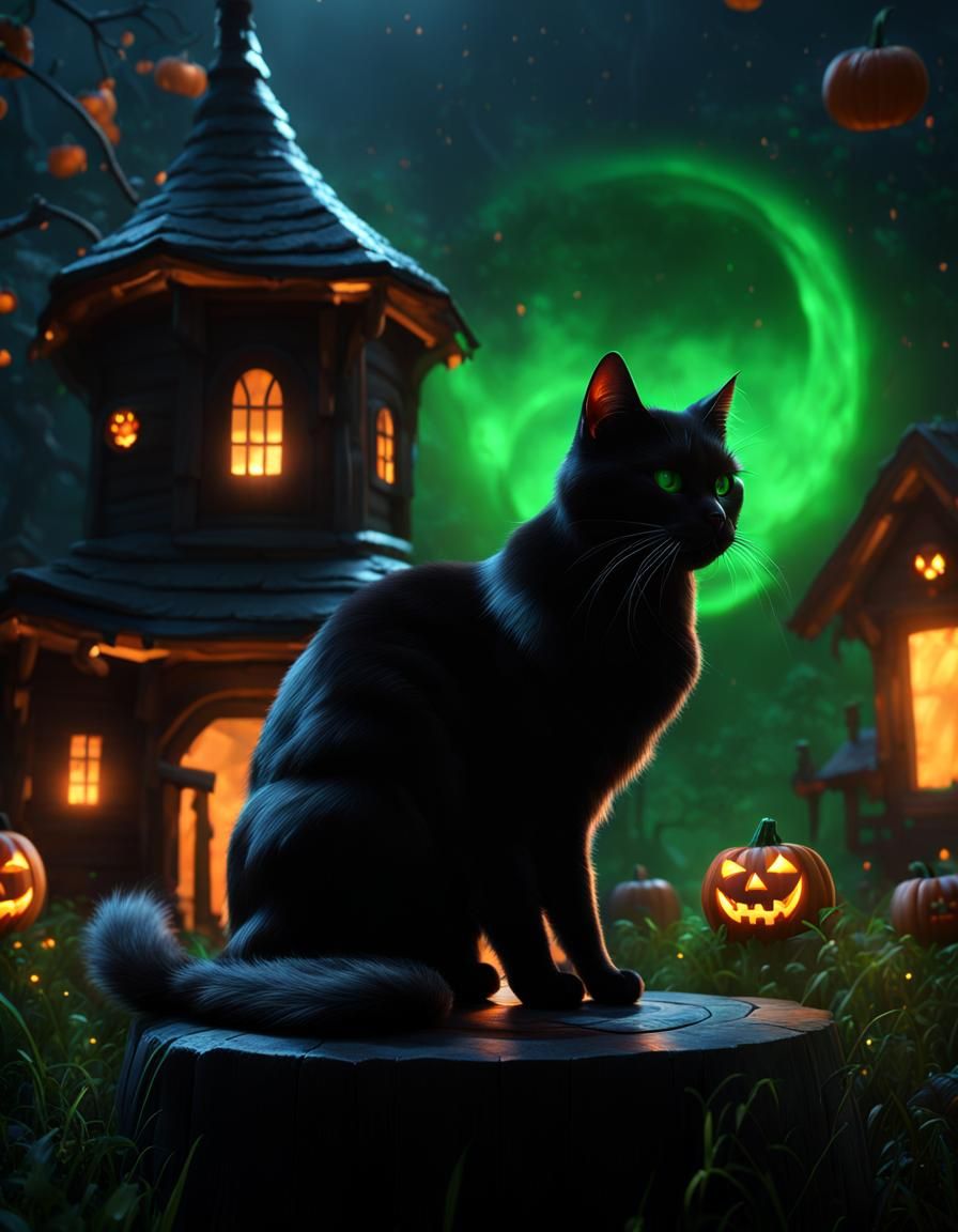 Black Cat Casting Spell on Halloween Night