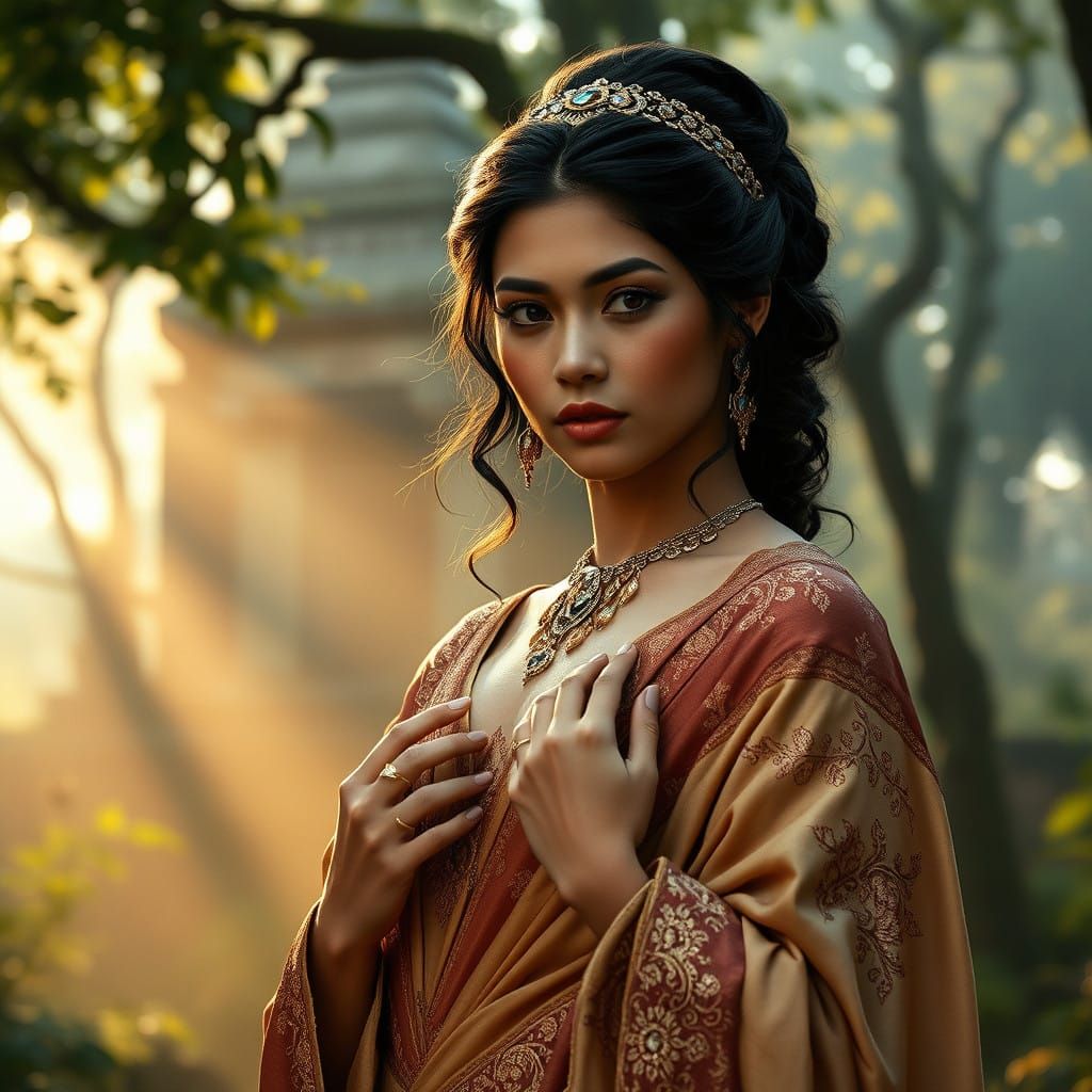 Ancient Regal Woman in Mystical Forest Glade