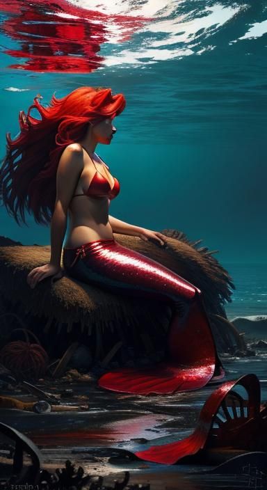 The Little Mermaid in Polluted Ocean, Oil Painting