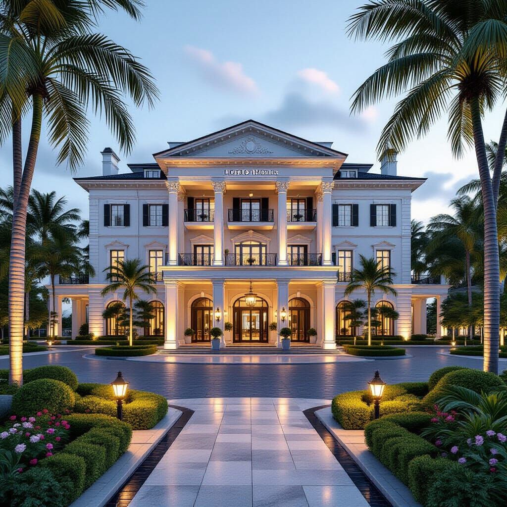 Elegant Hotel Exterior in Lush Landscaping, Photorealistic 3...
