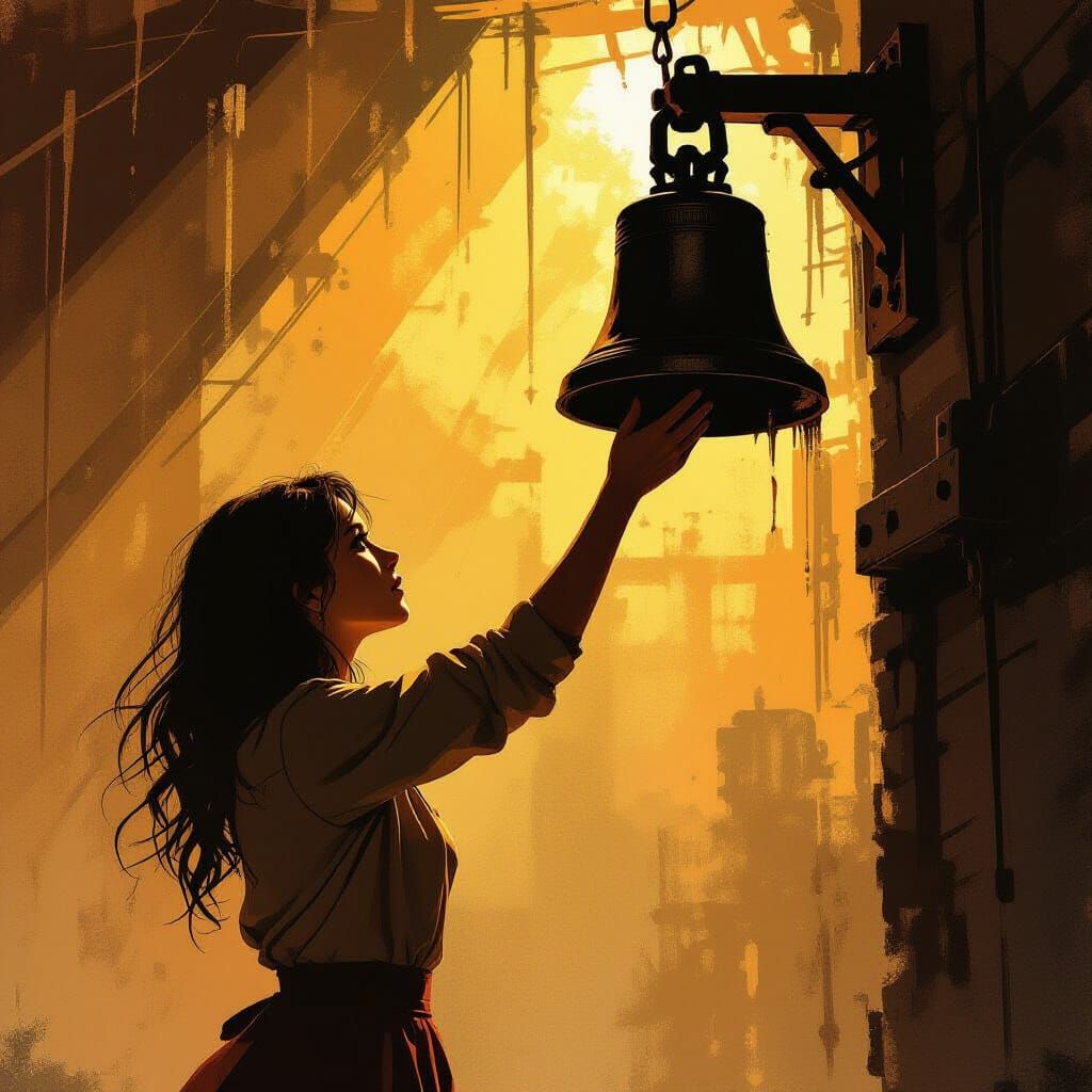 Woman Reaching for Bell in Industrial Landscape