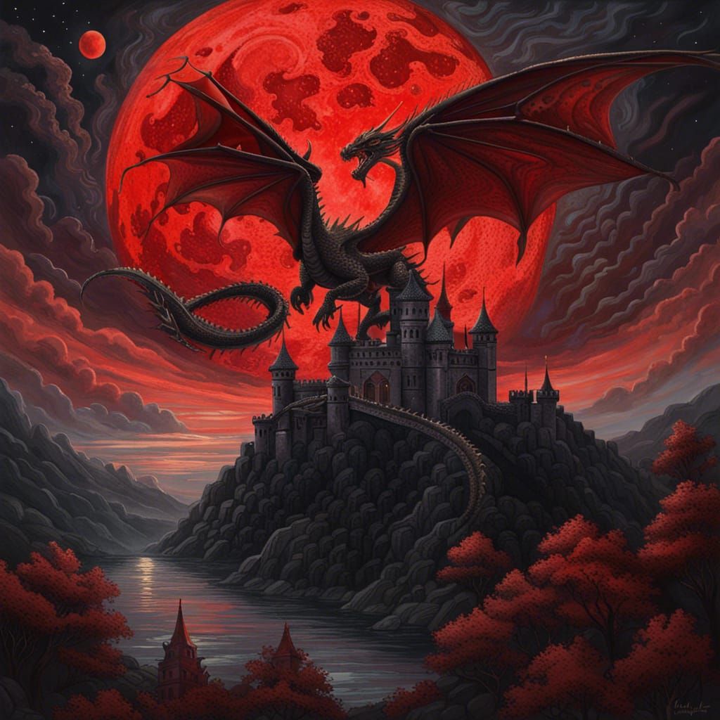 Red and Black Dragon Flight Under Blood Moon