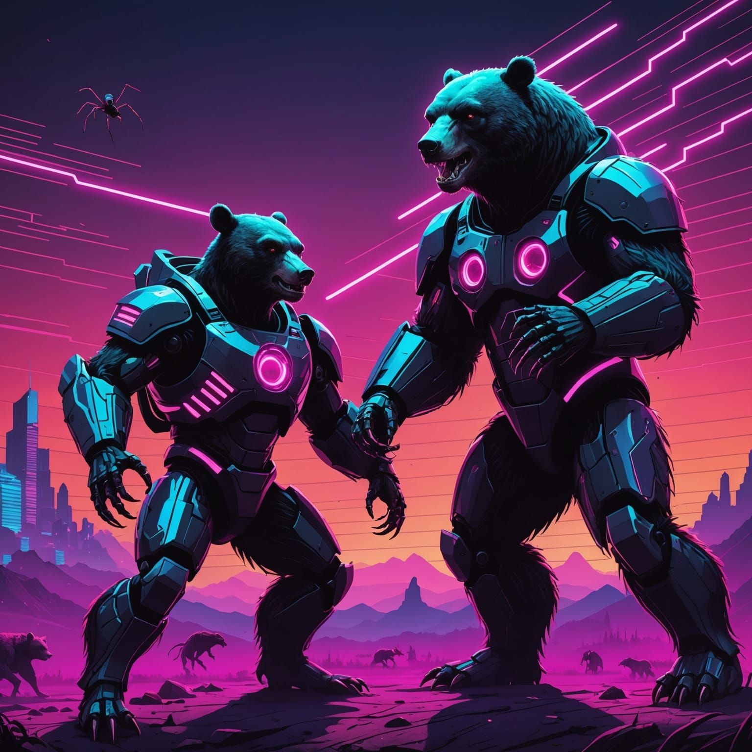 Humanoid Ant Boss Vs Bear in Synthwave Style